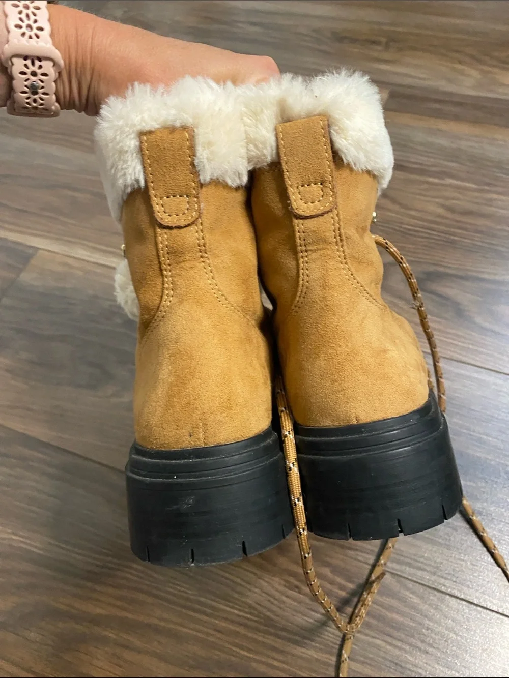 J. Crew Tan Faux-Suede Fold-Over Fur Lace-Up Winter Boots
